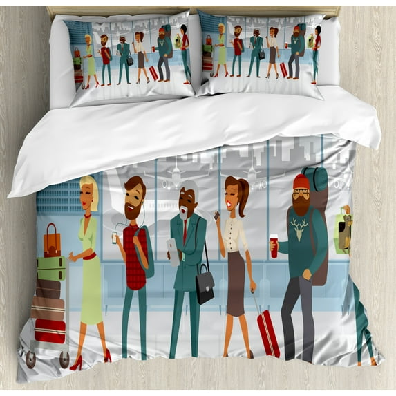 Airport Duvet Cover Set King Size, Cartoon Illustration of Various People at Line with Luggage in Terminal Print, Decorative 3 Piece Bedding Set with 2 Pillow Shams, Multicolor, by Ambesonne