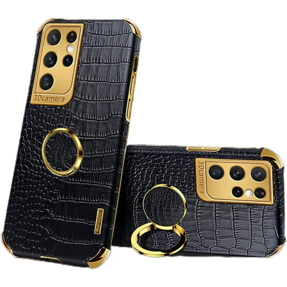 for Samsung Galaxy S23 S22 S21 S20 Ultra Plus FE Phone Case, Unique Crocodile Pattern Finger Ring Holder PU Cover, Heat Dissipating Lining Reinforced Edge Shockproof Bumper(Black,S20 Ultra)