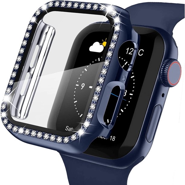 Apple Watch Case with Screen Protector for Apple Watch 44mm Series 6/5/4/SE, Bling Crystal Diamond Rhinestone Ultra-Thin Bumper Full Cover Protective Case for Women Girls iWatch Blue
