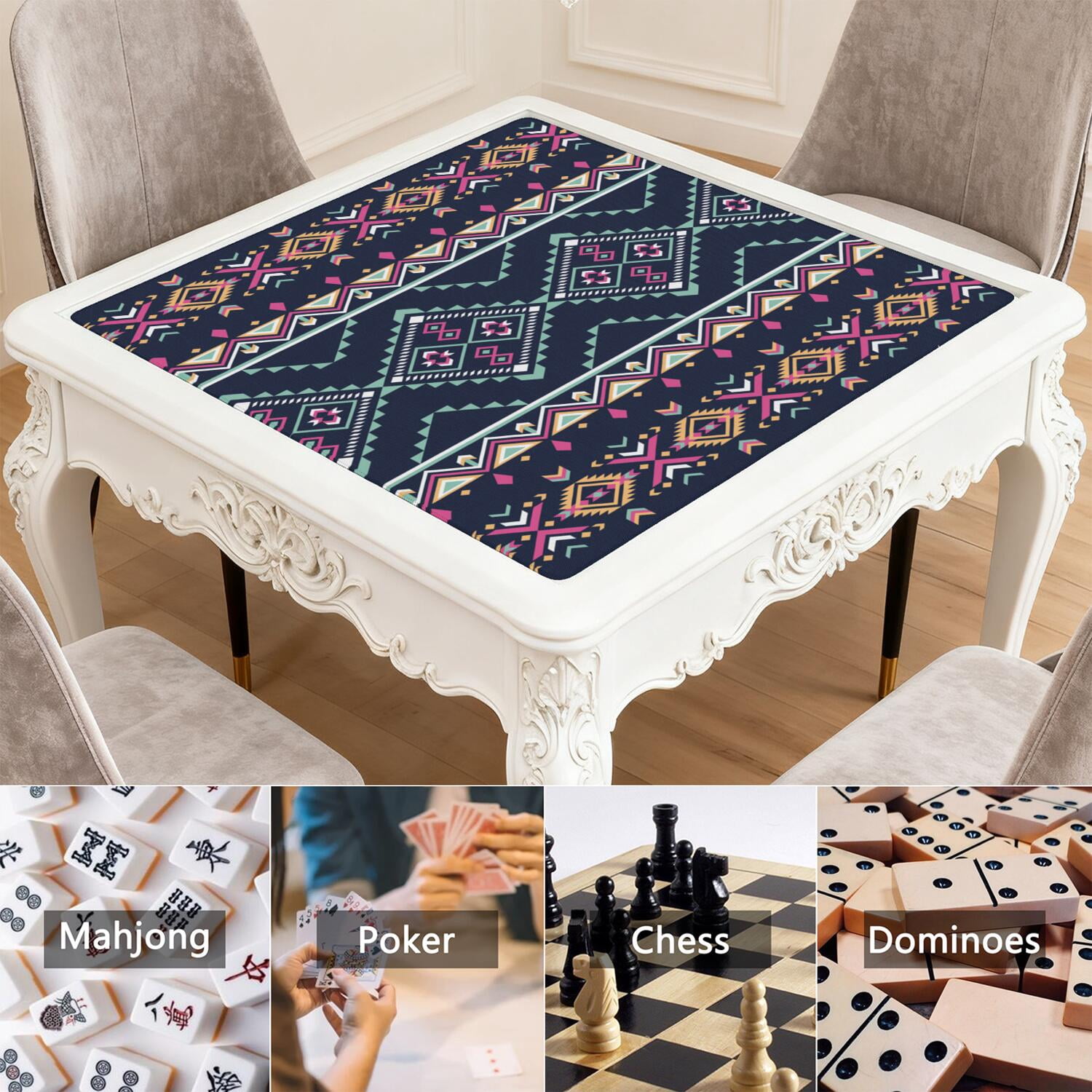Classic Boho Pattern Non-Slip Game Room Mat 31.5 Inch Square Rubber Mahjong Playing Surface with Noise Dampening for Card Games and Board Game Nights