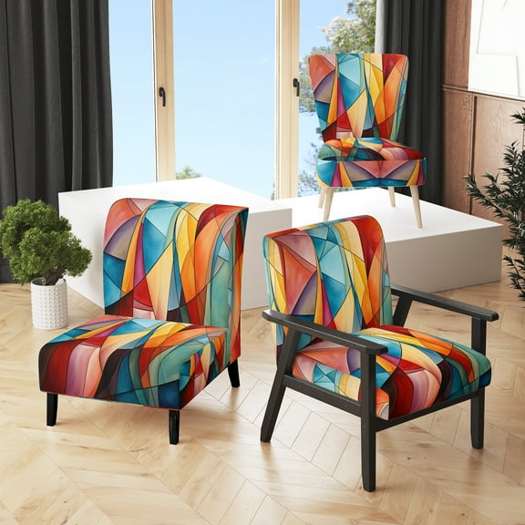 Designart "Rainbow Colored Cubist Forms III" Teal Cubism Upholstered Accent Chair - Modern Arm Chair For Living Room