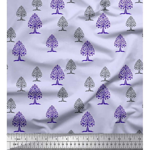 Soimoi Rayon Crepe Fabric Tree Block Print Fabric by Yard 46 Inch Wide
