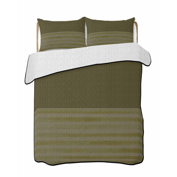 Quilts Twin Size Bedding Set, Olive Green Striped Lightweight Quilted Comforter, Vintage Stripes Ombre Soft Reversible Bedspread Coverlet with Pillow Covers for All Season, 68" x 86"