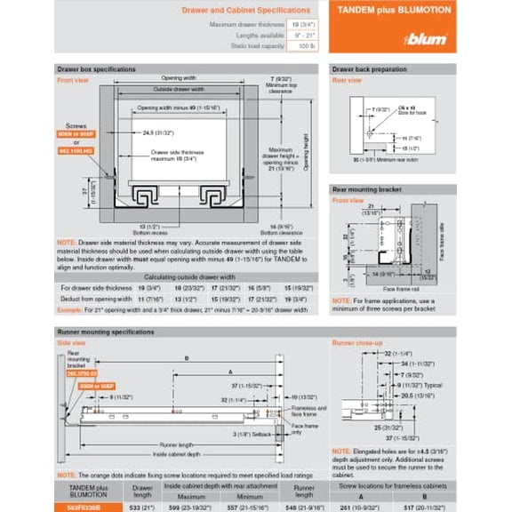 BLUM 21 Inch Full Extension Concealed Undermount Drawer Slide 563F5330B with 100 Lbs. Weight Capacity and Soft Close for 3/4 inch Thick Drawers. (Pair)