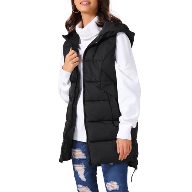 Chaleco largo de plumas sin mangas con capucha para mujer INSPIRE CHIC, abrigo de invierno con bolsillos, color negro S