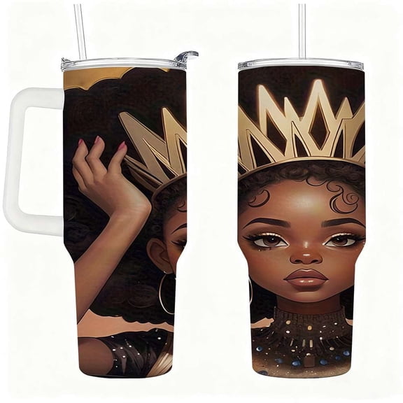 Queen Crown Woman Art Tumbler with Handle, Stainless Steel Insulated Cup with Straw