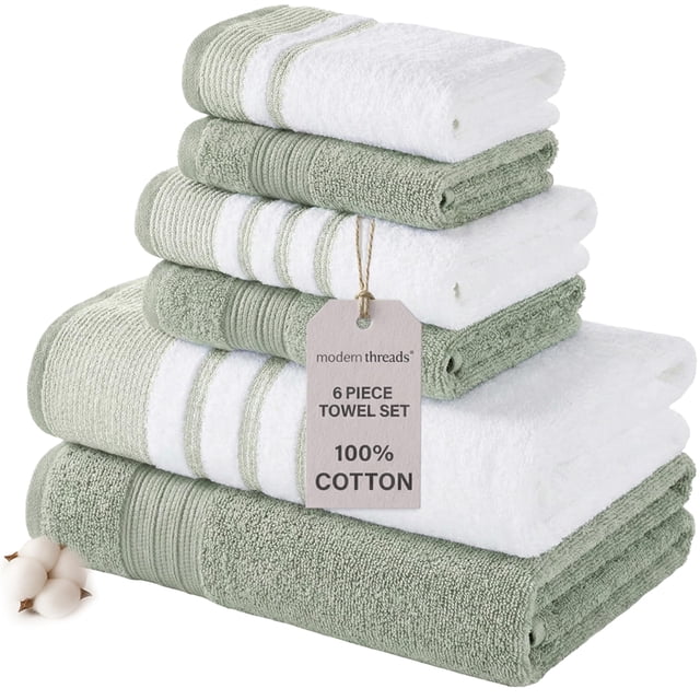 Modern Threads 6-Piece Towel Set â?? 100% Cotton, Quick Dry, Ultra Absorbent â?? Includes 2 Bath, 2 Hand, 2 Washcloths (White/Reinhart Sage)