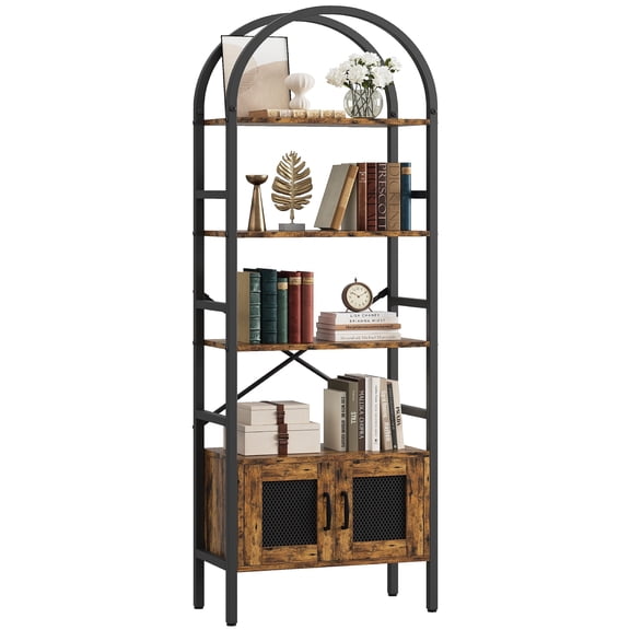 IRONCK 70.3" Tall Arched Bookshelf, 4-Tier Open Display Bookcases with Door Cabinet, Industrial Style Metal Storage Rack, Brown