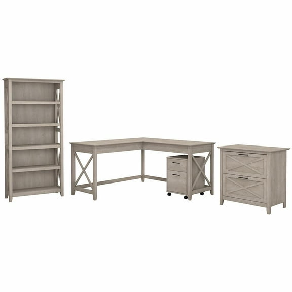 Bush Furniture Key West 60W L Desk with Cabinets & Bookcase in Washed Gray