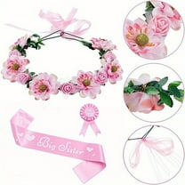 Big Sister Gift Set 3 PCS, Flower Crown and Satin Sash with Pin for Baby Shower, Big Sibling Accessories for Gender Reveal and Birthday Party
