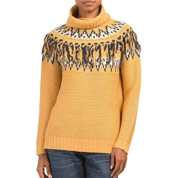 Romeo & Juliet Couture Juniors Fringe Heavy Stitch Sweater, Mustard/Ivory - Medium