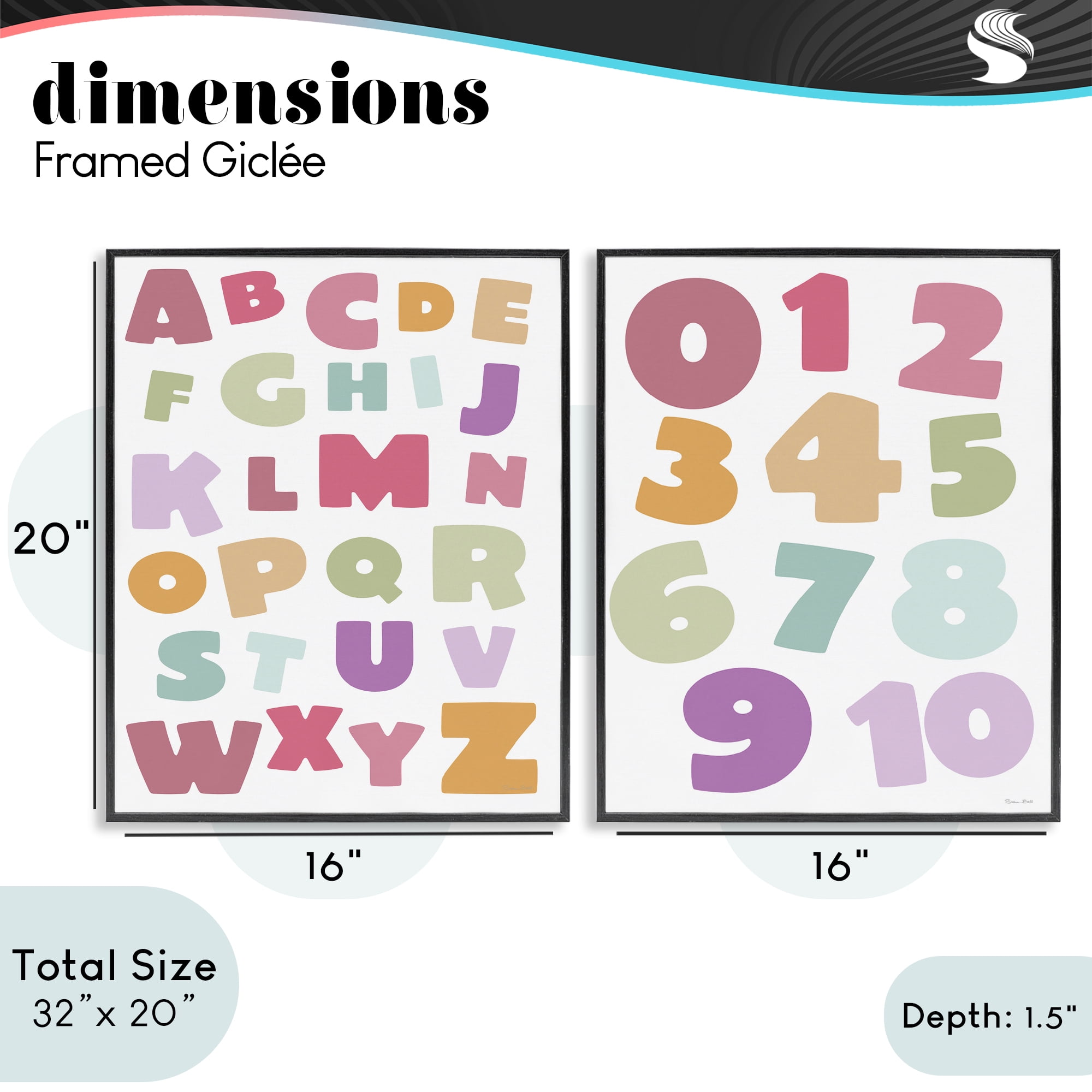 Stupell Industries Muted Letters & Numbers Educational 2 Piece Black Framed Giclee Art Set, design by Susan Ball