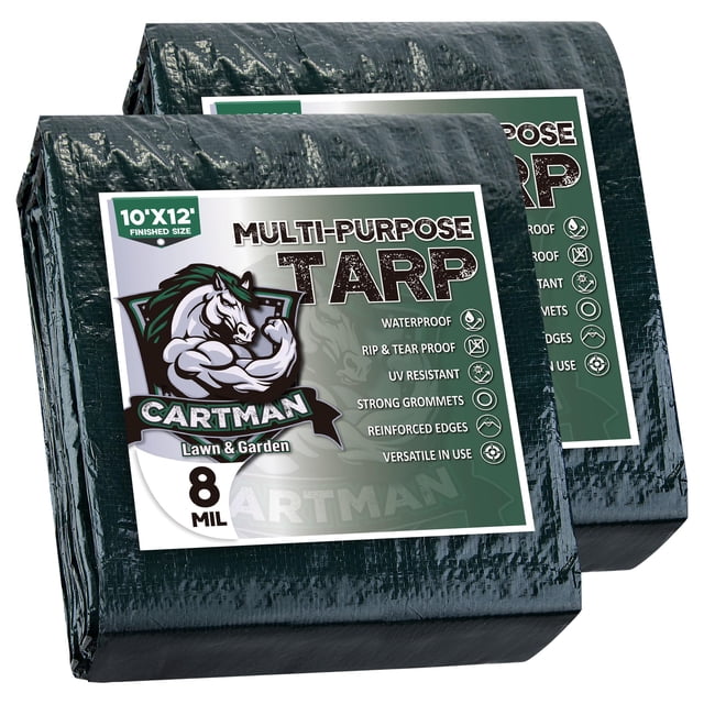 Tarp CARTMAN, impermeable, verde, 10 x 12 pies, 8 mil de grosor, paquete de 2