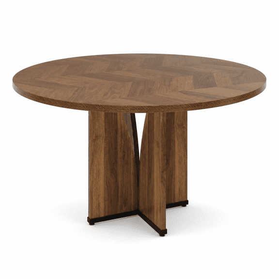 KIOOTTO 39.4-Inch Round Dining Table with Herringbone Top, Brown