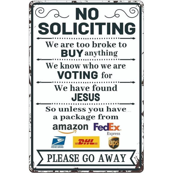 Funny No Soliciting Metal Tin Sign, 12 x 8 Inch Front Door Warning Sign for Home, Porch, Entryway, Yard, Farmhouse Wall Decor
