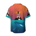 thumbnail image 2 of Naloa Lighthouse and Whale Men's Loose Fit Cuban Collar Short-Sleeve Shirt with Button-down and Chest Pocket for Everyday Wear Outings - Small, 2 of 7