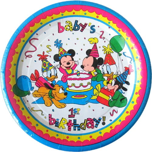MICKEY MOUSE 1st BIRTHDAY ROUND LARGE PAPER PLATES ~ First Party Supplies 8 