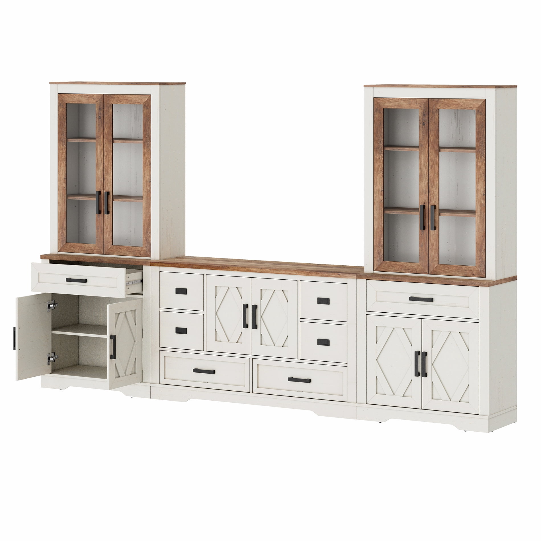 WAMPAT Farmhouse Entertainment Center with Bookshelf for TVs up to 60",Mid Century Modern TV Stand with 73"H Tall 5-Tier Bookcase with Open Storage and Barn Doors for Living Room,Bedroom,White Oak