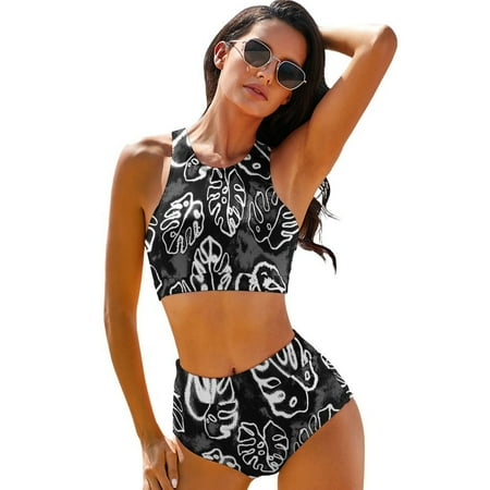 2024 White And Black Tie Dye Bikinis Set Palm Leaf Print Bikini Swimsuit Sexy 2 Pieces High Waisted Swimwear Ladies Pool Swimsuits