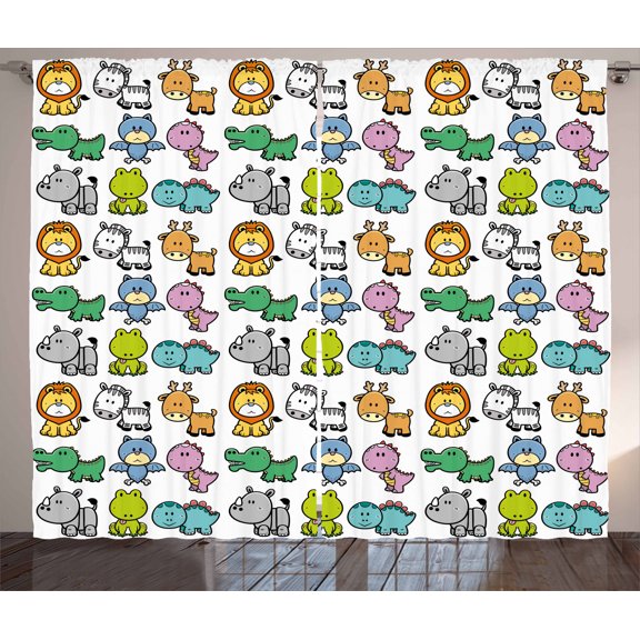 Ambesonne Cartoon Curtains 2 Panel Set, Bat Frog Lion Zebra Dino, 108" x 63", Multicolor