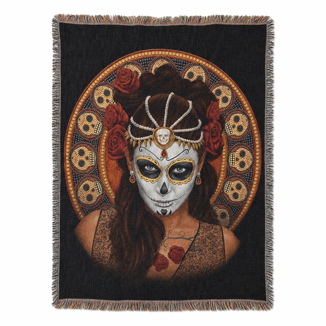 Black Red and Gold Sugar Skull Rose Folk Art Woven Throw Blanket Woven Cotton with Fringed Edges Gothic Decor for Sofa or Bed