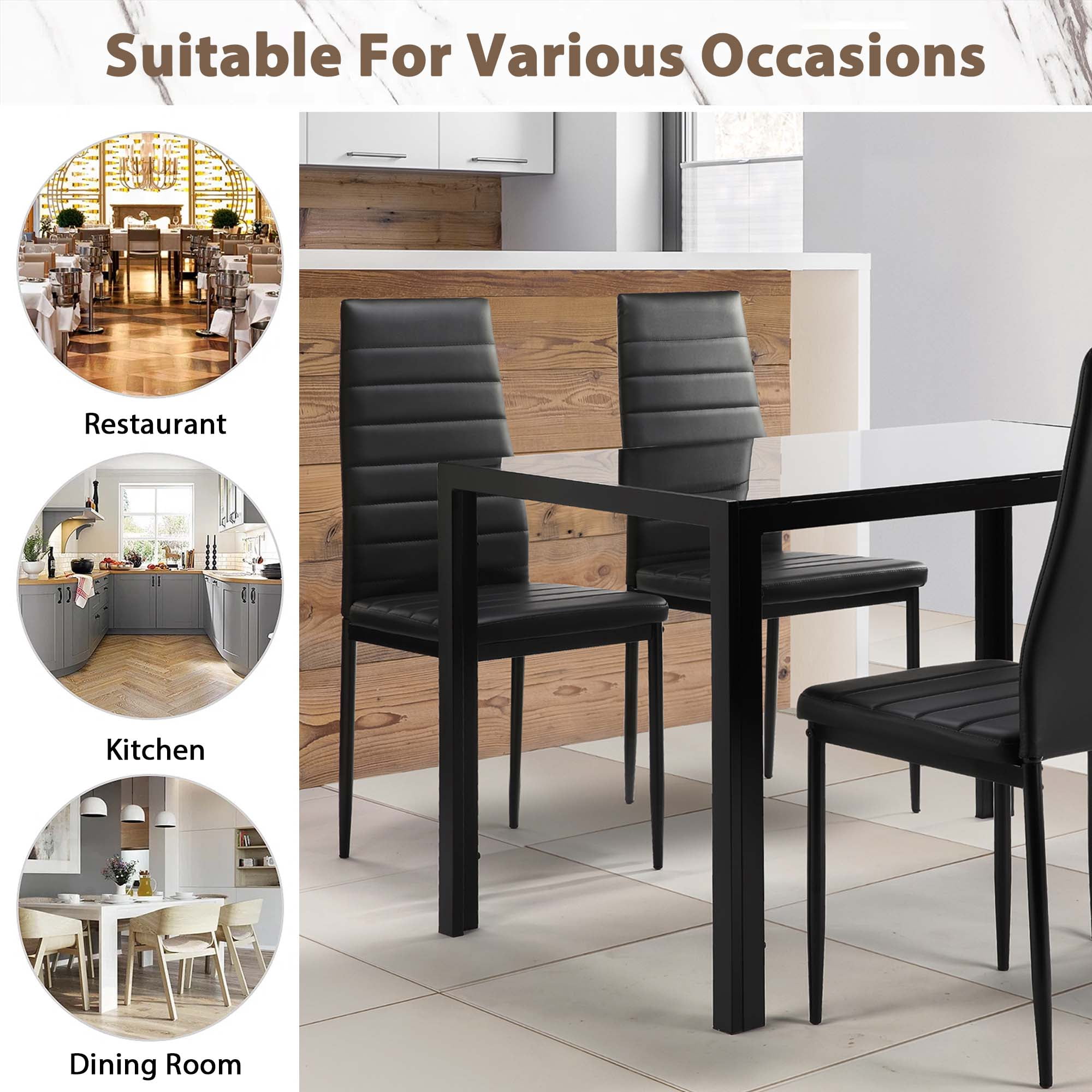 Aukfa 5-Piece Dining Table Set for Dining Room, Kitchen, Dinette, w/Glass Tabletop, 4 Faux Leather Metal Frame Chairs - Black