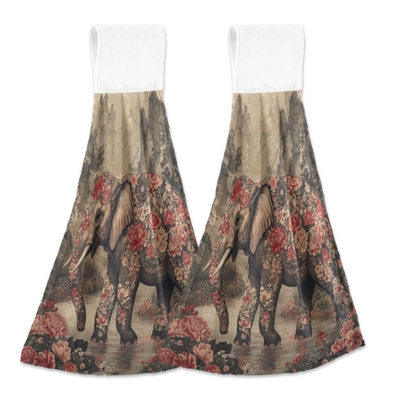 BZSMCE Hanging Hand Towels Fashion The Enchanted Elephant Pattern 2-Pack - Velcro Style Bathroom Kitchen Towels