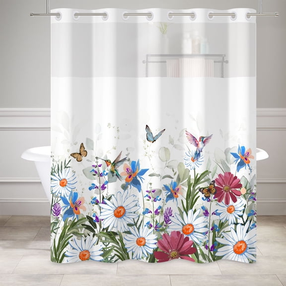 MIZHONA Rustic White Dasiy Shower Curtain with Snap in Liner,No Hooks Fabric Bath Curtain,71"× 74"