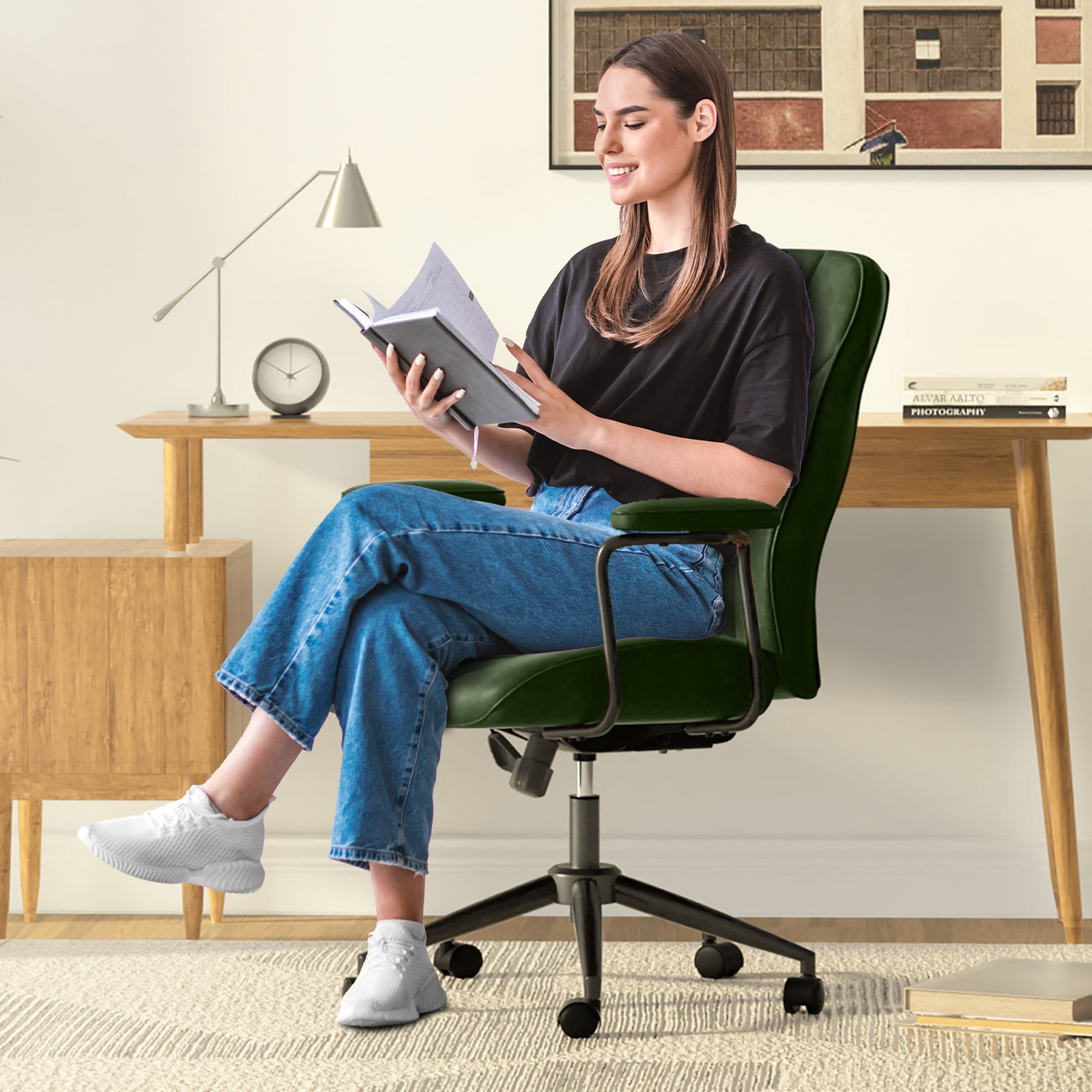 HomeZeer Executive Office Chair, Leather Desk Chairs with Wheels, Ergonomic Desk Chair with Arms, Mid Century Modern Reclining Computer Task Home Chair with Lumbar Support, Green