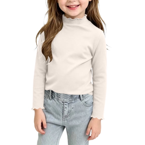 XUNKUSGA Girls Shirts Cute Mock Neck Lettuce Trim Long Sleeve Shirts Soft Ribbed Knit Slim Fit Base Layer Classic Solid Color Pullover Tops for Girls