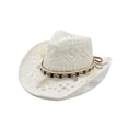 thumbnail image 2 of Women's Crochet Western Cowboy Straw Hat Hollow Out Woven Sun Hat with Shell & Tassel Band, 2 of 4