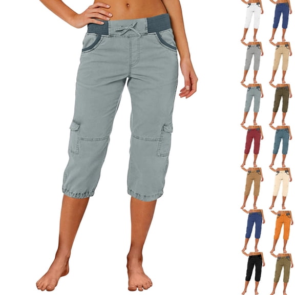 Cargo Capris for Women Stretch Lightweight Casual Solid Cargo Hiking Pant Rolled Trousers Outdoor Clothes with Pockets,Light Blue S