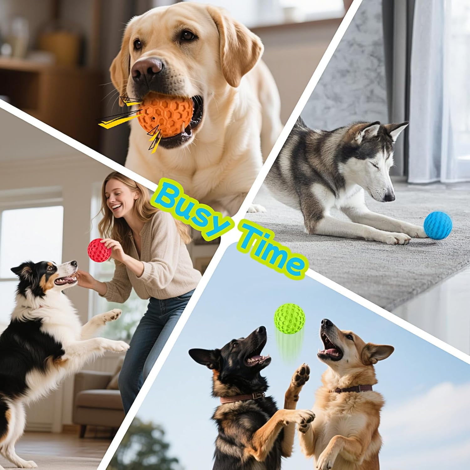 Indestructible Squeaky Dog Balls for Aggressive Chewers, Interactive Dog Toys to Keep Them Busy, Rubber Dog Chew Toy for Large Medium Breeds, Outdoor Waterproof (4 Colors)