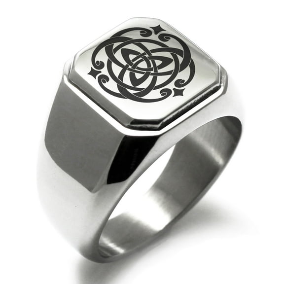 Stainless Steel Celtic Triquetra Heart Knot Engraved Square Flat Top Biker Style Polished Signet Ring