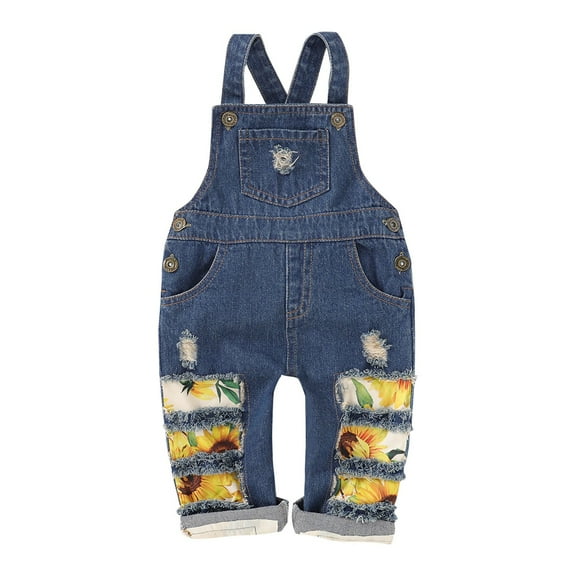 PINQI Baby Fall Pants Toddler Little Girls Summer Sunflower Print Patchwork Ripped Denim Overalls Long Pants Suspenders Pants Girl Pants