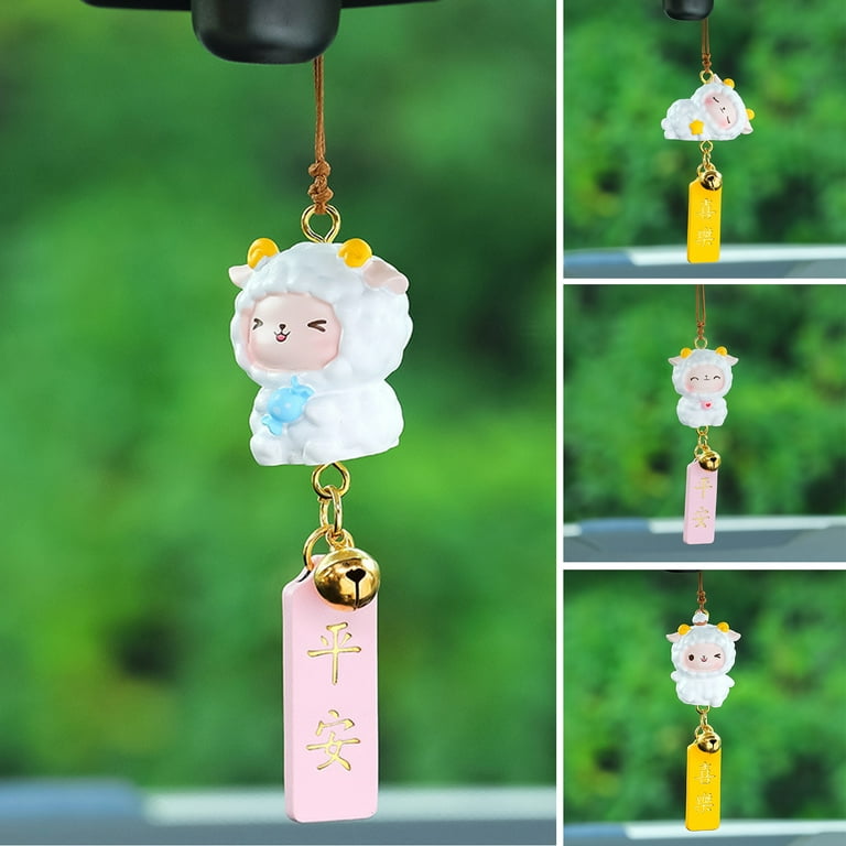 Xinhuadsh Bell Blessing Words Creative Cartoon Sheep Car Pendant Birthday  Gift Resin Auto Rearview Mirror Ornament Car Interior Decoration 