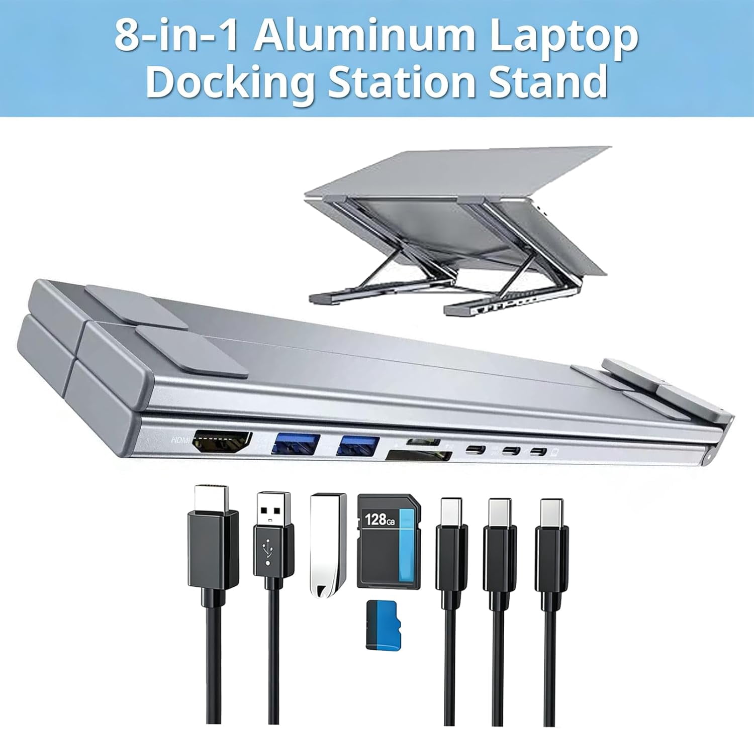 Docking Station Laptop Stand with 4K , 8 in 1 USB C Laptop Docking Station Stand, Portable Adjustable Computer Holder with USB 3.0, PD 100w, Multiport Adapter for Notebook Tablet (1Pcs)