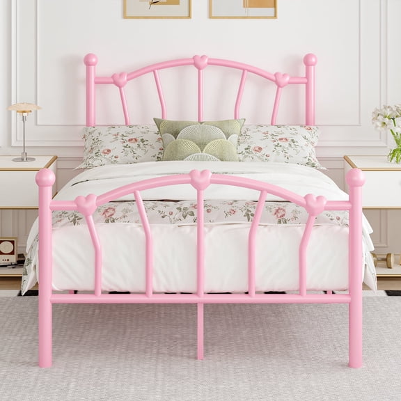 4 Ever Winner Twin Metal Bedframe with Heart-Shaped Headboard, Footboard, and Underbed Storage, Pink