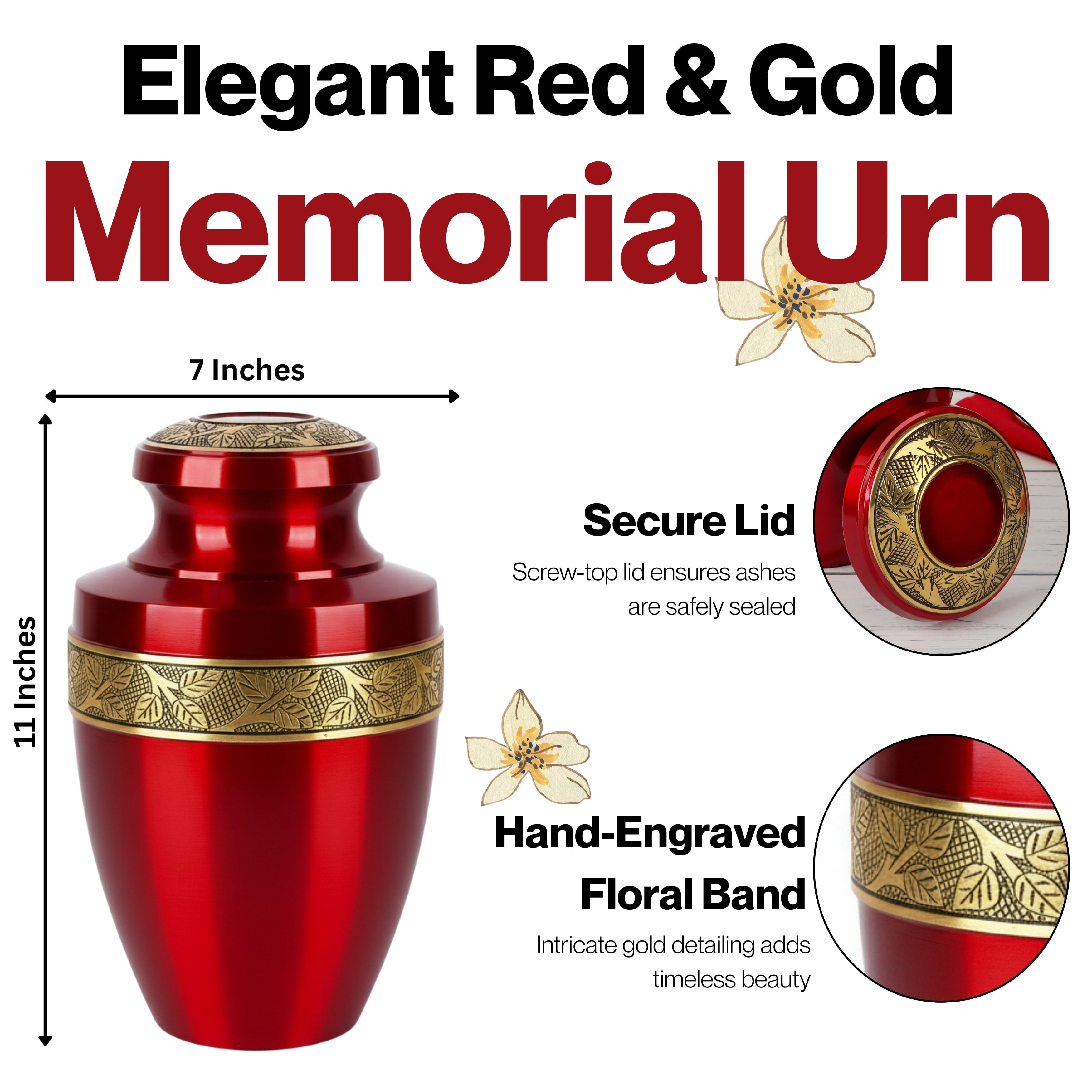 Handcrafted Aluminum Urn - Decorative Memorial Holder for Ashes and Remembrance (Burgandy & Royal Gold)