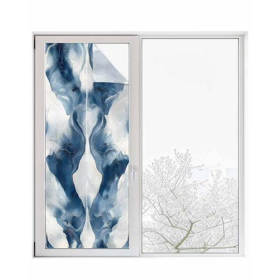 Window Privacy Film Blue White Wave Abstract Stained Glass Window Film Decorative Sun Block Window Cover Artwork Modern Waves Window Clings Static Adhesive Sticker for Bathroom 29.5"x78.7"