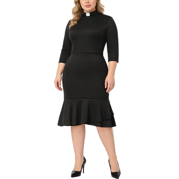 Afinprain Womens Clergy Dress 3/4 Sleeve Mermaid Hem Black Dresses with Tab Collar