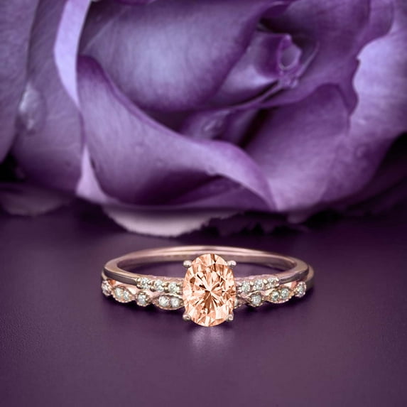 Classic Art deco 2.00 Carat Oval Cut Morganite And Diamond Moissanite Engagement Ring Set, Wedding Ring in 10k Solid Rose Gold, Gift For Her, Woman Gift, Holiday Gift, Promise Ring, Anniversary Ring