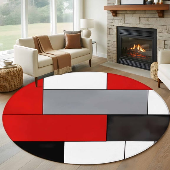 Round Area Rug 5ft Red Gray Color Block Area Rugs Washable Low Pile Floor Carpet for Bedroom, Abstract Geometric Watercolor Non Slip Soft Rugs for Living Room Entryway Dining Room