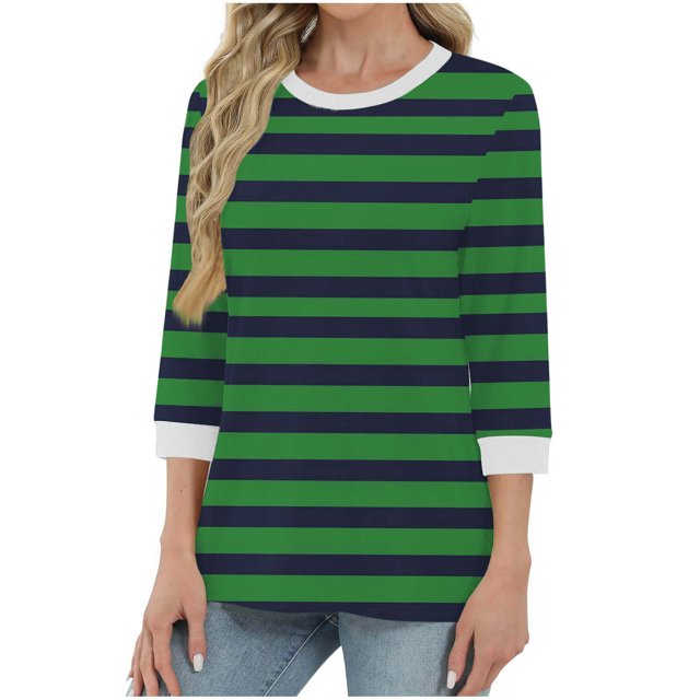 Soki Womens 3/4 Sleeve Striped Crewneck T-Shirts Color Block Short Sleeve Tops Casual Basic Tee