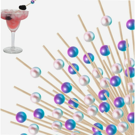 200 Counts Cocktail Picks for Appetizers 4.7 Inch Rainbow Pearl Fruit Sandwich Skewers Wooden Toothpicks Sticks Mermaid Party Favors Birthday Wedding Supplies
