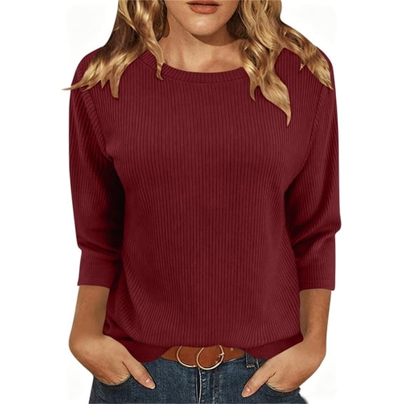 cocolona Womens Solid Color 3/4 Sleeve Tops Crew Neck Basic Loose Shirt Dressy Casual Outfits Blouses