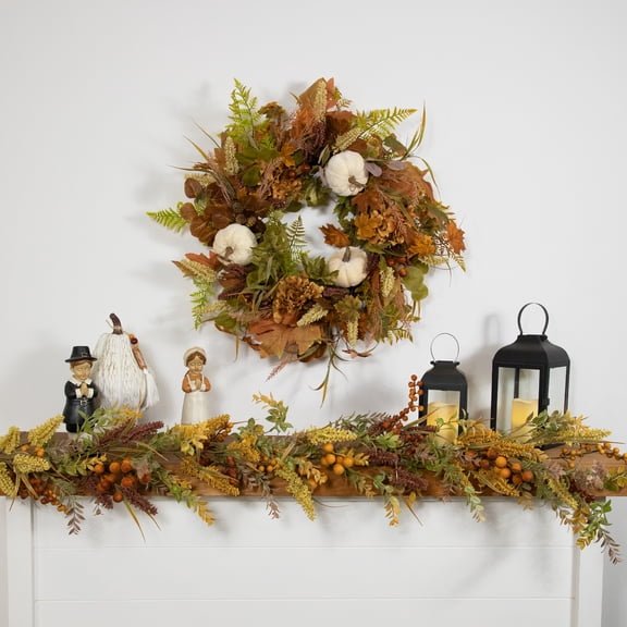 Northlight Velvet Pumpkins, Acorns and Mixed Autumn Foliage Artificial Fall Harvest Wreath - 26"