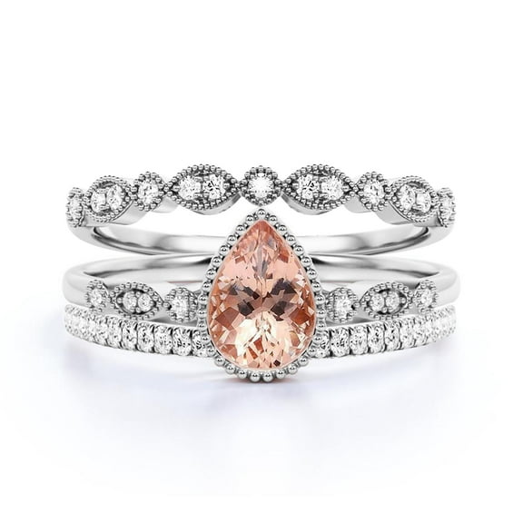 Dazzling Boho & hippiepie 2.25 Carat Pear Cut Morganite And Diamond Moissanite Engagement Ring, Classic Wedding Ring, Two Matching Band in 10k Solid White Gold, Birthday Gift, Promise Ring