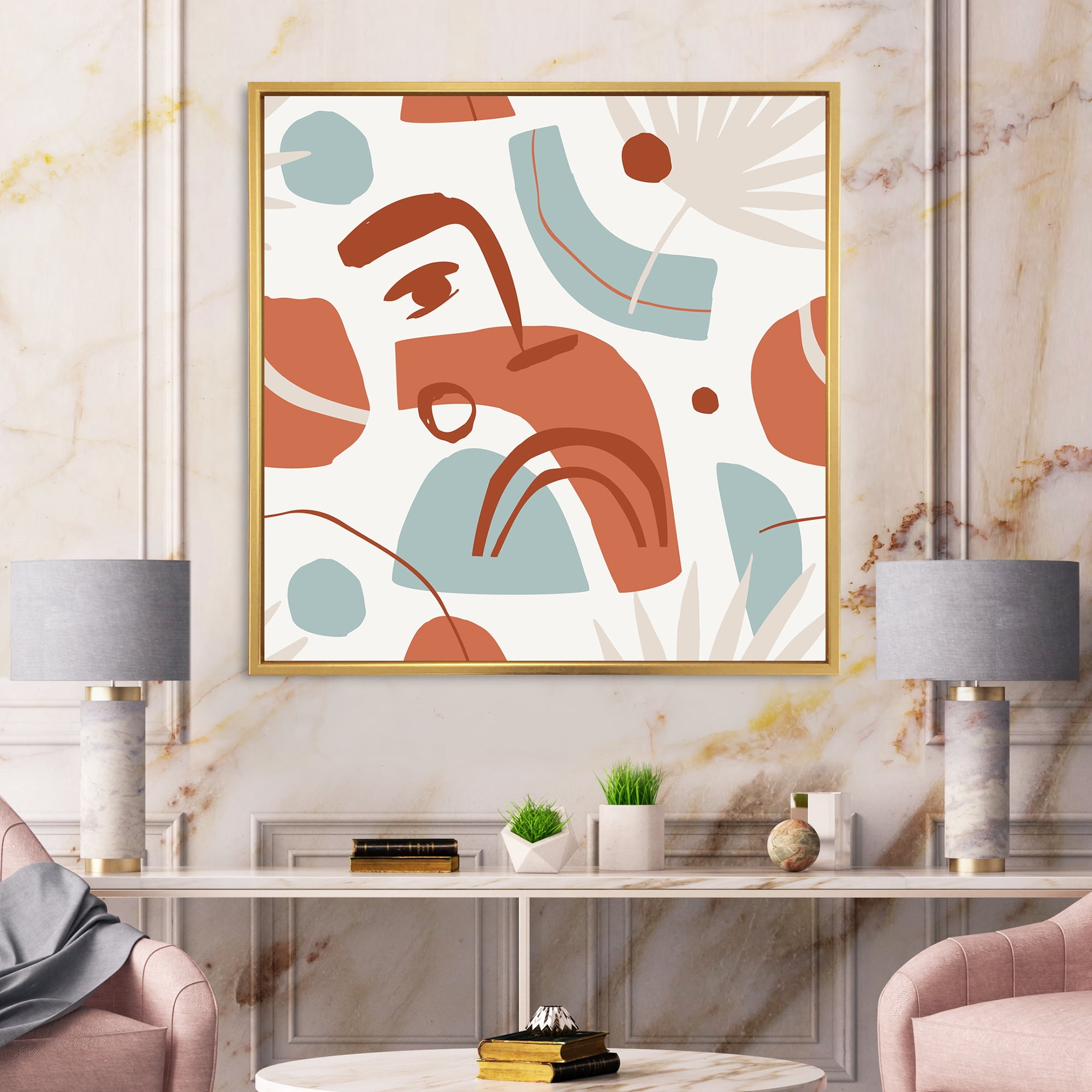 Designart 'Tropical Palm Leaves With Geometrical Shapes' Modern Framed Canvas Wall Art Print