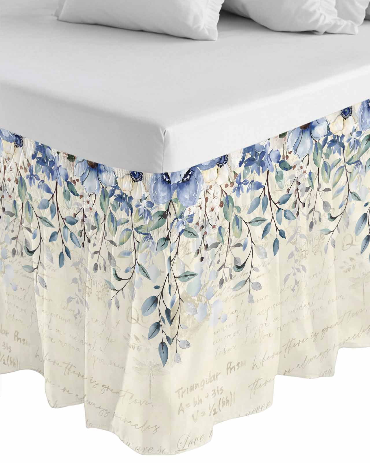 Blue Green Ruffle Bed Skirt Queen Size Flowers Eucalyptus Leaves Vintage Farmhouse Adjustable Elastic Dust Bed Skirts Wrap Around Bedskirt Wrinkle Free Easy Fit with 18 Inch Drop